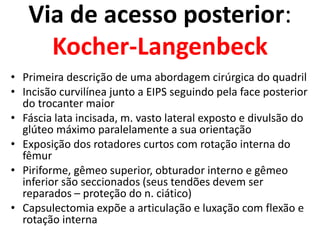 Via de acesso posterior:
Kocher-Langenbeck
• Primeira descrição de uma abordagem cirúrgica do quadril
• Incisão curvilínea junto a EIPS seguindo pela face posterior
do trocanter maior
• Fáscia lata incisada, m. vasto lateral exposto e divulsão do
glúteo máximo paralelamente a sua orientação
• Exposição dos rotadores curtos com rotação interna do
fêmur
• Piriforme, gêmeo superior, obturador interno e gêmeo
inferior são seccionados (seus tendões devem ser
reparados – proteção do n. ciático)
• Capsulectomia expõe a articulação e luxação com flexão e
rotação interna
 
