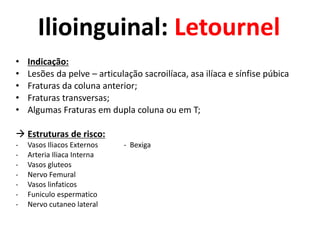 Ilioinguinal: Letournel
• Indicação:
• Lesões da pelve – articulação sacroilíaca, asa ilíaca e sínfise púbica
• Fraturas da coluna anterior;
• Fraturas transversas;
• Algumas Fraturas em dupla coluna ou em T;
 Estruturas de risco:
- Vasos Iliacos Externos - Bexiga
- Arteria Iliaca Interna
- Vasos gluteos
- Nervo Femural
- Vasos linfaticos
- Funiculo espermatico
- Nervo cutaneo lateral
 