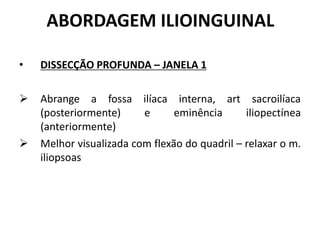 ABORDAGEM ILIOINGUINAL
• DISSECÇÃO PROFUNDA – JANELA 1
 Abrange a fossa ilíaca interna, art sacroilíaca
(posteriormente) e eminência iliopectínea
(anteriormente)
 Melhor visualizada com flexão do quadril – relaxar o m.
iliopsoas
 