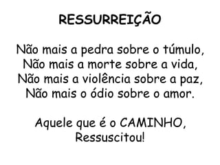 RESSURREIÇÃO

Não mais a pedra sobre o túmulo,
 Não mais a morte sobre a vida,
Não mais a violência sobre a paz,
 Não mais o ódio sobre o amor.

   Aquele que é o CAMINHO,
          Ressuscitou!
 