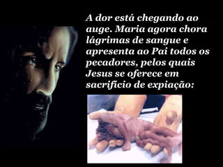 A dor está chegando ao
auge. Maria agora chora
lágrimas de sangue e
apresenta ao Pai todos os
pecadores, pelos quais
Jesus se oferece em
sacrifício de expiação:
 