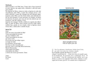Meditação:
Maria encontra o seu Filho Jesus. Vemos nela a força invencível
do amor materno, que supera todo o obstáculo, e sabe abrir qual-
quer caminho.
Nas lágrimas de Maria, reúnem-se todas as lágrimas de cada mãe
moçambicana, pelos filhos, a quem não consegue prover o ali-
mento suficiente, a quem não consegue dar uma educação digna.
Lágrimas, pelos filhos, que lhes foram tirados, pelo hediondo trá-
fico de seres humanos, ou que morreram, em combate, na defesa
de interesses de poucos, por vezes até sem elas saberem que isto
aconteceu, e que não voltarão a vê-los.
Lágrimas tão amargas! Partilha solidária da angústia dos filhos!
Mas, ao redor de Maria, nunca seremos um povo órfão! Maria,
também hoje, guarda, no seu coração, todas as lágrimas dessas
nossas mães, e saberá abrir o caminho da paz.
ORAÇÃO
Jesus,
todos nós temos necessidade da Mãe!
Temos necessidade de um amor
que seja verdadeiro e fiel.
Temos necessidade de um amor
que nunca vacile,
de um amor que seja refúgio seguro
no tempo do medo,
do sofrimento e da provação.
Dai força às mães moçambicanas
para que, como a vossa Mãe Maria Santíssima,
Mãe de Misericórdia,
sejam amparo dos pobres,
consoladoras dos aflitos
e mestras dos nossos governantes. Ámen
Todos:
Pai Nosso
Canto
XI ESTAÇÃO
Jesus é pregado na Cruz
Falta de respeito pela vida
V/. Nós Vos adoramos e bendizemos, Senhor Jesus Cristo,
R/. que, pela vossa santa cruz, remistes o mundo.
Do Evangelho segundo São Marcos 15, 24-28
«Depois, crucificaram-No …. Eram nove horas da manhã, quan-
do O crucificaram. Na inscrição com a condenação, lia-se: “O
rei dos judeus”. Com Ele crucificaram dois ladrões, um à sua
direita e o outro à sua esquerda. Deste modo, cumpriu-se a pas-
sagem da Escritura, que diz: Foi contado entre os malfeitores».
 