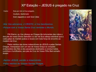 XIª Estação – JESUS é pregado na Cruz
Canto: Sois por mim à Cruz pregado,
Insultado, blasfemado
Com cegueira e com furor (bis)
-Nós Vos adoramos, ó CRISTO, e Vos bendizemos.
-Porque com a Vossa Santa Cruz remistes o Mundo.
PAI Eterno, eu Vos ofereço as Chagas tão torturantes das mãos e
dos pés de nosso Divino Salvador e a dor de Sua cabeça adorável que a
cada golpe do martelo pulava e recaía com toda força de encontro ao
madeiro da Cruz.
Pelos méritos das dores indescritíveis de JESUS e pelas Santas
Chagas, transpassai com um raio de Vossa Graça os corações
endurecidos dos fiéis e dos pecadores obstinados e conduzi todos,
contritos e humilhados, aos pés da Cruz de Vosso Filho Bem-amado.
Amém
-Senhor JESUS, perdão e misericórdia.
-Pelos méritos de Vossas Santas Chagas
 