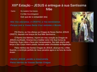 XIIIª Estação – JESUS é entregue à sua Santíssima
MãeCanto: Do madeiro Vos tiraram,
E à Mãe Vos entregaram
Com que dor e compaixão! (bis)
-Nós Vos adoramos, ó CRISTO, e Vos bendizemos.
-Porque com a Vossa Santa Cruz remistes o Mundo.
PAI Eterno, eu Vos ofereço as Chagas de Nosso Senhor JESUS
CRISTO, deposto nos braços de Sua Mãe Santíssima.
Ó Rainha dos Mártires, imprimi em meu coração as Chagas de
JESUS crucificado. Ensinai-me a meditar como Vós Sua Coroa de
Espinhos, Suas mãos e Seus pés transpassados, Seu lado aberto pela
lança e Seu Corpo inteiro pisado, lavrado pelas chicotadas da flagelação.
Pelos méritos das Santas Chagas de JESUS, alcançai-me, ó Mãe
Querida, a contrição perfeita de meus pecados agora e na hora da morte.
Amém
-Senhor JESUS, perdão e misericórdia.
-Pelos méritos de Vossas Santas Chagas
 