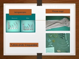Materiales para Instalación de TET
Tubos endo traquealesTubos endo traqueales
Pinzas magilPinzas magil
laringoscopiolaringoscopio
 