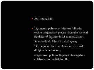  Atelectasia LIE:


 Ligamento pulmonar inferior: folha de
  tecido conjuntivo/ pleura visceral e parietal
  fundidas  ligação do LI ao mediastino;
  Se estende do hilo até o diafragma;
  TC: pequeno bico de pleura mediastinal
  dirigido lateralmente;
  responsável pela configuração triangular e
  colabamento medial do LIE;
 