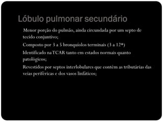 Lóbulo pulmonar secundário
 Menor porção do pulmão, ainda circundada por um septo de
 tecido conjuntivo;
 Composto por 3 a 5 bronquíolos terminais (3 a 12*)
 Identificado na TCAR tanto em estados normais quanto
 patológicos;
 Revestidos por septos interlobulares que contém as tributárias das
 veias periféricas e dos vasos linfáticos;
 