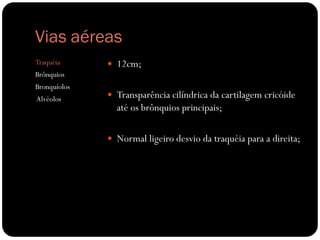 Vias aéreas
Traquéia       12cm;
Brônquios
Bronquíolos
Alvéolos       Transparência cilíndrica da cartilagem cricóide
                até os brônquios principais;

               Normal ligeiro desvio da traquéia para a direita;
 