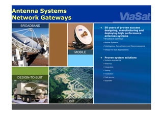 7
Antenna Systems
Network Gateways
 50 years of proven success
designing, manufacturing and
deploying high performance
antennas systems
Broadband Gateways
Mobile Systems
Intelligence, Surveillance and Reconnaissance
Design-to-Suit Applications
 Proven system solutions
Systems engineering
Antennas
Integration
Testing
Installation
Field service
Upgrades
BROADBAND
ISR
MOBILE
DESIGN-TO-SUIT
 