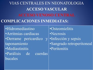 VIAS CENTRALES EN NEONATOLOGIA
ACCESO VASCULAR
ACCESO VENOSO CENTRAL
COMPLICACIONES INMEDIATAS:
•Hidromediastino
•Arritmias cardiacas
•Derrame pericardico y
taponamiento
•Mediastinitis
•Parálisis de cuerdas
bucales
•Osteomielitis
•Necrosis
•Infección y sepsis
•Sangrado retroperitoneal
•Peritonitis
 