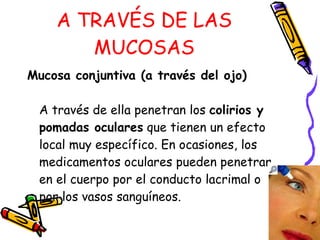 A TRAVÉS DE LAS MUCOSAS Mucosa conjuntiva (a través del ojo)   A través de ella penetran los  colirios y pomadas oculares  que tienen un efecto local muy específico. En ocasiones, los medicamentos oculares pueden penetrar en el cuerpo por el conducto lacrimal o por los vasos sanguíneos.  