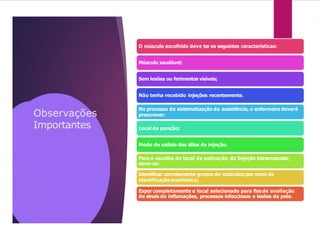 Observações
Importantes
O músculo escolhido deve ter as seguintes características:
Músculo saudável;
Sem lesões ou ferimentos visíveis;
Não tenha recebido injeções recentemente.
No processo de sistematização da assistência, o enfermeiro deverá
prescrever:
Local da punção;
Modo de rodízio dos sítios de injeção.
Para a escolha do local de aplicação da Injeção intramuscular,
deve-se:
Identificar corretamente grupos de músculos por meio de
identificação anatômica;
Expor completamente o local selecionado para finsde avaliação
de sinais de inflamações, processos infecciosos e lesões de pele.
 