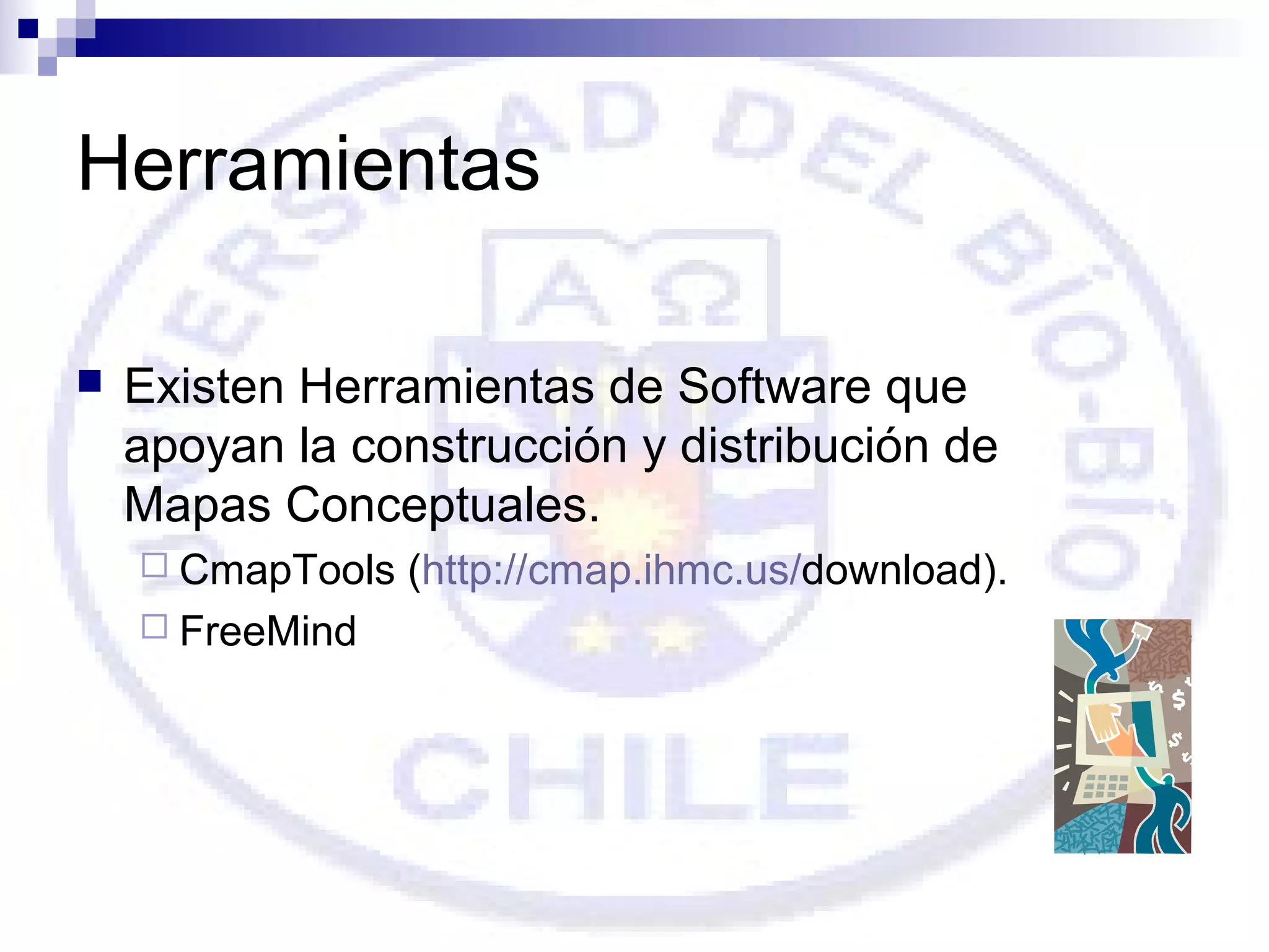 Herramientas


Existen Herramientas de Software que
apoyan la construcción y distribución de
Mapas Conceptuales.
 CmapTools
 FreeMind

(http://cmap.ihmc.us/download).

 