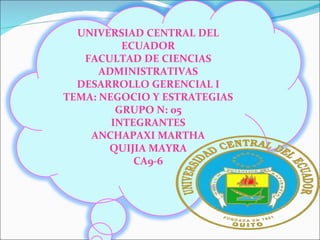 UNIVERSIAD CENTRAL DEL ECUADOR FACULTAD DE CIENCIAS ADMINISTRATIVAS DESARROLLO GERENCIAL I TEMA: NEGOCIO Y ESTRATEGIAS GRUPO N: 05 INTEGRANTES ANCHAPAXI MARTHA QUIJIA MAYRA CA9-6 