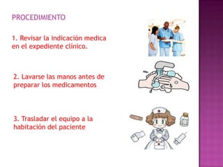 PROCEDIMIENTO
1. Revisar la indicación medica
en el expediente clínico.

2. Lavarse las manos antes de
preparar los medicamentos

3. Trasladar el equipo a la
habitación del paciente

 