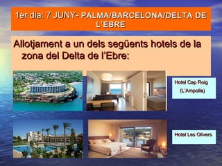 1èr dia: 7 JUNY-1èr dia: 7 JUNY- PALMA/BARCELONA/DELTA DEPALMA/BARCELONA/DELTA DE
L’EBREL’EBRE
Allotjament a un dels següents hotels de laAllotjament a un dels següents hotels de la
zona del Delta de l’Ebre:zona del Delta de l’Ebre:
Hotel Cap RoigHotel Cap Roig
(L’Ampolla)(L’Ampolla)
Hotel Les OliversHotel Les Olivers
 