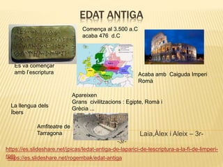 EDAT ANTIGA
Laia,Àlex i Aleix – 3r-
-3r-
https://es.slideshare.net/jpicas/ledat-antiga-de-laparici-de-lescriptura-a-la-fi-de-limperi-
romhttps://es.slideshare.net/rogembak/edat-antiga
Amfiteatre de
Tarragona
Es va començar
amb l’escriptura
La llengua dels
Íbers
Acaba amb Caiguda Imperi
Romà
Apareixen
Grans civilitzacions : Egipte, Romà i
Grècia ...
Comença al 3.500 a.C
acaba 476 d.C
 