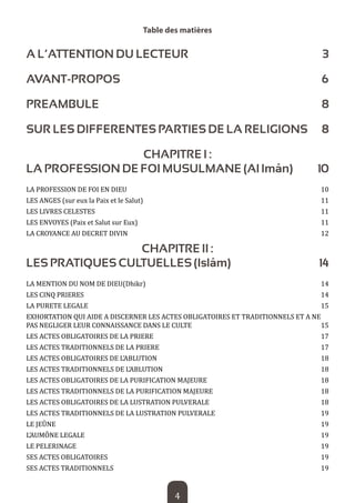 4 
Table des matières 
A L’ATTENTION DU LECTEUR 3 
AVANT-PROPOS 6 
PREAMBULE 8 
SUR LES DIFFERENTES PARTIES DE LA RELIGIONS 8 
CHAPITRE I : 
LA PROFESSION DE FOI MUSULMANE (Al Imân) 10 
LA PROFESSION DE FOI EN DIEU 10 
LES ANGES (sur eux la Paix et le Salut) 11 
LES LIVRES CELESTES 11 
LES ENVOYES (Paix et Salut sur Eux) 11 
LA CROYANCE AU DECRET DIVIN 12 
CHAPITRE II : 
LES PRATIQUES CULTUELLES (Islâm) 14 
LA MENTION DU NOM DE DIEU(Dhikr) 14 
LES CINQ PRIERES 14 
LA PURETE LEGALE 15 
EXHORTATION QUI AIDE A DISCERNER LES ACTES OBLIGATOIRES ET TRADITIONNELS ET A NE PAS NEGLIGER LEUR CONNAISSANCE DANS LE CULTE 15 
LES ACTES OBLIGATOIRES DE LA PRIERE 17 
LES ACTES TRADITIONNELS DE LA PRIERE 17 
LES ACTES OBLIGATOIRES DE L’ABLUTION 18 
LES ACTES TRADITIONNELS DE L’ABLUTION 18 
LES ACTES OBLIGATOIRES DE LA PURIFICATION MAJEURE 18 
LES ACTES TRADITIONNELS DE LA PURIFICATION MAJEURE 18 
LES ACTES OBLIGATOIRES DE LA LUSTRATION PULVERALE 18 
LES ACTES TRADITIONNELS DE LA LUSTRATION PULVERALE 19 
LE JEÛNE 19 
L’AUMÔNE LEGALE 19 
LE PELERINAGE 19 
SES ACTES OBLIGATOIRES 19 
SES ACTES TRADITIONNELS 19  