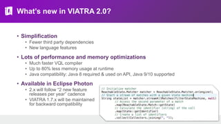 What’s new in VIATRA 2.0?
• Simplification
• Fewer third party dependencies
• New language features
• Lots of performance and memory optimizations
• Much faster VQL compiler
• Up to 80% less memory usage at runtime
• Java compatibility: Java 8 required & used on API, Java 9/10 supported
• Available in Eclipse Photon
• 2.x will follow “2 new feature
releases per year” cadence
• VIATRA 1.7.x will be maintained
for backward compatibility
 
