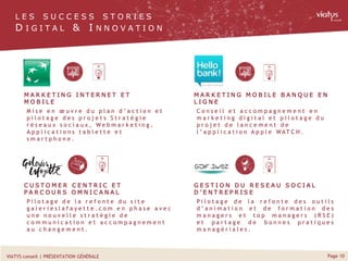 Page 10VIATYS conseil | PRÉSENTATION GÉNÉRALE
M i s e e n œ u v r e d u p l a n d ’ a c t i o n e t
p i l o t a g e d e s p r o j e t s S t r a t é g i e
r é s e a u x s o c i a u x , W e b m a r k e t i n g ,
A p p l i c a t i o n s t a b l e t t e e t
s m a r t p h o n e .
M A R K E T I N G I N T E R N E T E T
M O B I L E
P i l o t a g e d e l a r e f o n t e d u s i t e
g a l e r i e s l a f a y e t t e . c o m e n p h a s e a v e c
u n e n o u v e l l e s t r a t é g i e d e
c o m m u n i c a t i o n e t a c c o m p a g n e m e n t
a u c h a n g e m e n t .
C U S T O M E R C E N T R I C E T
P A R C O U R S O M N I C A N A L
C o n s e i l e t a c c o m p a g n e m e n t e n
m a r k e t i n g d i g i t a l e t p i l o t a g e d u
p r o j e t d e l a n c e m e n t d e
l ’ a p p l i c a t i o n A p p l e W AT C H .
M A R K E T I N G M O B I L E B A N Q U E E N
L I G N E
P i l o t a g e d e l a r e f o n t e d e s o u t i l s
d ’ a n i m a t i o n e t d e f o r m a t i o n d e s
m a n a g e r s e t t o p m a n a g e r s ( R S E )
e t p a r t a g e d e b o n n e s p r a t i q u e s
m a n a g é r i a l e s .
G E S T I O N D U R E S E A U S O C I A L
D ’ E N T R E P R I S E
L E S S U C C E S S S T O R I E S
D I G I T A L & I N N O V A T I O N
 