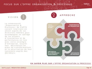 Page 18VIATYS conseil | PRÉSENTATION GÉNÉRALE
V I S I O N
A P P R O C H E
L a c o m m u n a u t é
« O r g a n i s a t i o n &
P r o c e s s u s » d e V I AT Y S
c o n s e i l i n t e r v i e n t e n
a m o n t a u p r è s d e v o s
d i r e c t i o n s m é t i e r s p o u r
a c c o m p a g n e r l e c a d r a g e
d e v o s p r o j e t s
d ’ i n n o v a t i o n s e t d e
p e r f o r m a n c e s e n l i e n
a v e c v o t r e s t r a t é g i e
d ’ e n t r e p r i s e , a s s u r e r
l e u r d é c l i n a i s o n e n
p l a n s d e t r a n s f o r m a t i o n s
e t l a s é c u r i s a t i o n d e l e u r
l a n c e m e n t a u p r è s d e s
d é c i d e u r s .
FO C US SUR L’ O FFRE O RGA NISAT IO N & PRO C ESSUS
E N S A V O I R P L U S S U R L ’ O F F R E O R G A N I S AT I O N & P R O C E S S U S
 