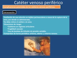 Catéter venoso periférico
Complicaciones potenciales de los catéteres venosos periféricos:
Complicaciones potenciales de los catéteres venosos periféricos:
Extravasación:
Extravasación:
•Instilación de una solución en tejidos perivasculares a causa de la ruptura de la
vena, por donde se administraba.
•Se debe retirar el catéter y la vena
•Situaciones de riesgo:
•Catéteres en regiones articulares
•Fragilidad vascular
•Uso de bombas de infusión sin presión variable.
•Comprobar de forma periódica: eritema, edema y retorno venoso.
 