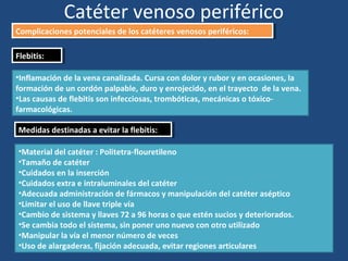 Catéter venoso periférico
Complicaciones potenciales de los catéteres venosos periféricos:
Complicaciones potenciales de los catéteres venosos periféricos:
Flebitis:
Flebitis:
•Inflamación de la vena canalizada. Cursa con dolor y rubor y en ocasiones, la
formación de un cordón palpable, duro y enrojecido, en el trayecto de la vena.
•Las causas de flebitis son infecciosas, trombóticas, mecánicas o tóxico-
farmacológicas.
Medidas destinadas a evitar la flebitis:
Medidas destinadas a evitar la flebitis:
•Material del catéter : Politetra-flouretileno
•Tamaño de catéter
•Cuidados en la inserción
•Cuidados extra e intraluminales del catéter
•Adecuada administración de fármacos y manipulación del catéter aséptico
•Limitar el uso de llave triple vía
•Cambio de sistema y llaves 72 a 96 horas o que estén sucios y deteriorados.
•Se cambia todo el sistema, sin poner uno nuevo con otro utilizado
•Manipular la vía el menor número de veces
•Uso de alargaderas, fijación adecuada, evitar regiones articulares
 