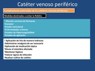 Catéter venoso periférico
Complicaciones potenciales de los catéteres venosos periféricos:
Complicaciones potenciales de los catéteres venosos periféricos:
Medidas destinadas a evitar la flebitis:
Medidas destinadas a evitar la flebitis:
• Dilución correcta de fármacos
•Conocer:
•Estado nutricional
•Enfermedades crónicas
•Estados de Hipercoagubilidad
•Estados de agitación.
• Aplicación de frío de manera indirecta
•Administrar analgesia de ser necesario
•Aplicación de medicación tópica
•Elevar el miembro afectado
•Mantener higiene
•Valorar signos de infección
•Realizar cultivo de catéter.
 