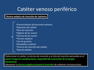 Catéter venoso periférico
Técnica aséptica de inserción de catéteres
Técnica aséptica de inserción de catéteres
•Conocimientos del personal sanitario
•Selección del catéter
•Sitio de inserción
•Higiene de las manos
•Técnica de las manos
•Técnica aséptica
•Uso de guantes
•Antiséptico cutáneo
•Técnica de inserción del catéter
•Tipo de apósito
•Seleccionar el catéter, la técnica de inserción y el sitio de inserción pensando en el
menor riesgo de complicaciones, dependiendo la duración de la terapia
intravenosa.
•Mantener la técnica aséptica durante la inserción de catéteres intravasculares.
•Seleccionar el catéter, la técnica de inserción y el sitio de inserción pensando en el
menor riesgo de complicaciones, dependiendo la duración de la terapia
intravenosa.
•Mantener la técnica aséptica durante la inserción de catéteres intravasculares.
 