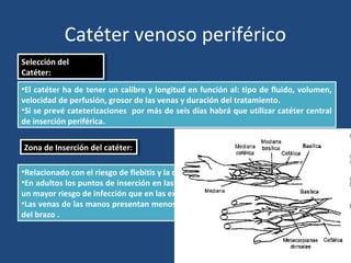 Catéter venoso periférico
Selección del
Catéter:
Selección del
Catéter:
•El catéter ha de tener un calibre y longitud en función al: tipo de fluido, volumen,
velocidad de perfusión, grosor de las venas y duración del tratamiento.
•Si se prevé cateterizaciones por más de seis días habrá que utilizar catéter central
de inserción periférica.
Zona de Inserción del catéter:
Zona de Inserción del catéter:
•Relacionado con el riesgo de flebitis y la densidad de la flora cutánea local.
•En adultos los puntos de inserción en las extremidades inferiores están asociadas a
un mayor riesgo de infección que en las extremidades superiores.
•Las venas de las manos presentan menos riesgos de flebitis que las de la muñeca o
del brazo .
 