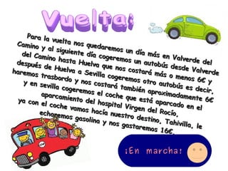 Para la
vuelta n
os qued
Camino
aremos
y al sig
un día m
uiente d
del Cam
ás en V
ía coger
ino hast
alverde
emos un
a Huelv
del
autobús
después
a que n
desde V
de Huel
os costa
alverde
va a Se
haremo
rá más
villa cog
s trasb
o menos
eremos
ordo y
6€ y
otro au
n os c os
y en se
tobús e
tará ta
villa cog
s decir,
mbién a
eremos
proxima
el coche
aparcam
dament
que est
iento de
e 6€
ya con
á aparc
l hospit
el coche
a do e n
al Virge
el
vamos h
n de l R
a c ía n u e
o c ío ,
echarem
stro de
o s g a so
stino, T
l in a y n
ahivilla,
os gast
le
aremos
16€.

¡En marcha!

 