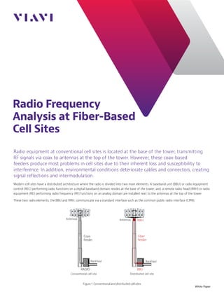 White Paper
Radio Frequency
Analysis at Fiber-Based
Cell Sites
Radio equipment at conventional cell sites is located at the base of the tower, transmitting
RF signals via coax to antennas at the top of the tower. However, these coax-based
feeders produce most problems in cell sites due to their inherent loss and susceptibility to
interference. In addition, environmental conditions deteriorate cables and connectors, creating
signal reflections and intermodulation.
Modern cell sites have a distributed architecture where the radio is divided into two main elements. A baseband unit (BBU) or radio equipment
control (REC) performing radio functions on a digital baseband domain resides at the base of the tower; and, a remote radio head (RRH) or radio
equipment (RE) performing radio frequency (RF) functions on an analog domain are installed next to the antennas at the top of the tower.
These two radio elements, the BBU and RRH, communicate via a standard interface such as the common public radio interface (CPRI).
Figure 1. Conventional and distributed cell sites
BBU
Fiber
feeder
Antennas RRH
Backhaul
RADIO
Coax
feeder
Antennas
Backhaul
Conventional cell site Distributed cell site
 