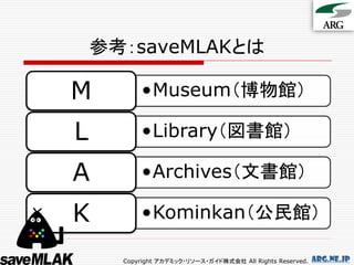 参考：saveMLAKとは

M         •Museum（博物館）

L         •Library（図書館）

A         •Archives（文書館）

K         •Kominkan（公民館）

      Copyright アカデミック・リソース・ガイド株式会社 All Rights Reserved.   arg.ne.jp
 