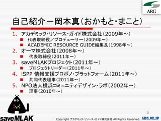 自己紹介－岡本真（おかもと・まこと）
1. アカデミック・リソース・ガイド株式会社（2009年～）
   代表取締役／プロデューサー（2009年～）
   ACADEMIC RESOURCE GUIDE編集長（1998年～）
2. オーマ株式会社（2008年～）
     代表取締役（2011年～）
3. saveMLAKプロジェクト（2011年～）
     プロジェクトリーダー（2011年～）
4. iSPP 情報支援プロボノ・プラットフォーム（2011年～）
     共同代表理事（2011年～）
5. NPO法人横浜コミュニティデザイン・ラボ（2002年～）
     理事（2010年～）



                                                                     3

              Copyright アカデミック・リソース・ガイド株式会社 All Rights Reserved.   arg.ne.jp
 
