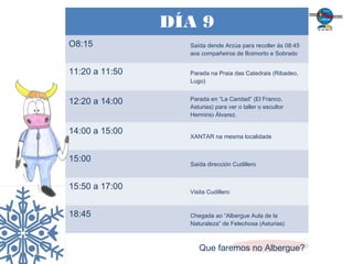 DÍA 9
O8:15 Saída dende Arzúa para recoller ás 08:45
aos compañeiros de Boimorto e Sobrado
11:20 a 11:50 Parada na Praia das Catedrais (Ribadeo,
Lugo)
12:20 a 14:00 Parada en “La Caridad” (El Franco,
Asturias) para ver o taller o escultor
Herminio Álvarez.
14:00 a 15:00
XANTAR na mesma localidade
15:00
Saída dirección Cudillero
15:50 a 17:00
Visita Cudillero
18:45 Chegada ao “Albergue Aula de la
Naturaleza” de Felechosa (Asturias)
Que faremos no Albergue?
 