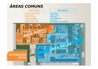 INTEGRAÇÃO
TOTAL
Lobby & Concierge
Party Dance
Party Lounge
Line Up Lounge
Espaço Gourmet
Terraço Gourmet
Spa Sauna
Relax Pool
Solarium
Deck Molhado
Sky Pool
Bicicletário no subsolo
ÁREA RELAXÁREA PARTY
ÁREAS COMUNS
 