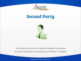 The Second party must be a registered VibaZoner and become
the second VibaCreator by participating in VibaTake or VibaGive.
 