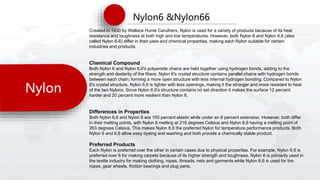 Nylon
Nylon6 &Nylon66
Created in 1930 by Wallace Hume Caruthers, Nylon is used for a variety of products because of its heat
resistance and toughness at both high and low temperatures. However, both Nylon 6 and Nylon 6,6 (also
called Nylon 6-6) differ in their uses and chemical properties, making each Nylon suitable for certain
industries and products.
Chemical Compound
Both Nylon 6 and Nylon 6,6's polyamide chains are held together using hydrogen bonds, adding to the
strength and dexterity of the fibers. Nylon 6's crystal structure contains parallel chains with hydrogen bonds
between each chain, forming a more open structure with less internal hydrogen bonding. Compared to Nylon
6's crystal structure, Nylon 6,6 is tighter with less openings, making it the stronger and more resistant to heat
of the two Nylons. Since Nylon 6,6's structure contains no set direction it makes the surface 12 percent
harder and 20 percent more resilient than Nylon 6.
Differences in Properties
Both Nylon 6,6 and Nylon 6 are 100 percent elastic while under an 8 percent extension. However, both differ
in their melting points, with Nylon 6 melting at 216 degrees Celsius and Nylon 6,6 having a melting point of
263 degrees Celsius. This makes Nylon 6,6 the preferred Nylon for temperature performance products. Both
Nylon 6 and 6,6 allow easy dyeing and washing and both provide a chemically stable product.
Preferred Products
Each Nylon is preferred over the other in certain cases due to physical properties. For example, Nylon 6,6 is
preferred over 6 for making carpets because of its higher strength and toughness. Nylon 6 is primarily used in
the textile industry for making clothing, ropes, threads, nets and garments while Nylon 6,6 is used for tire
ropes, gear wheels, friction bearings and plug parts.
 