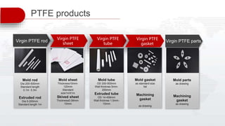 Virgin PTFE rod
Virgin PTFE
sheet
Virgin PTFE
tube
Mold rod
Dia 200-500mm
Standard length
0.1m 0.3m
Extruded rod
Dia 5-200mm
Standard length 1m
Mold sheet
Thickness10mm-
120mm
Standard
size1mX1m
Skived sheet
Thickness0.08mm-
10mm
Mold tube
OD 200-500mm
Wall thicknes 5mm-
200mm
Extruded tube
OD 14-458mm
Wall thicknes 1.5mm-
10mm
Mold gasket
as standard size
list
Machining
gasket
as drawing
PTFE products
Virgin PTFE parts
Mold parts
as drawing
Machining
gasket
as drawing
Virgin PTFE
gasket
 