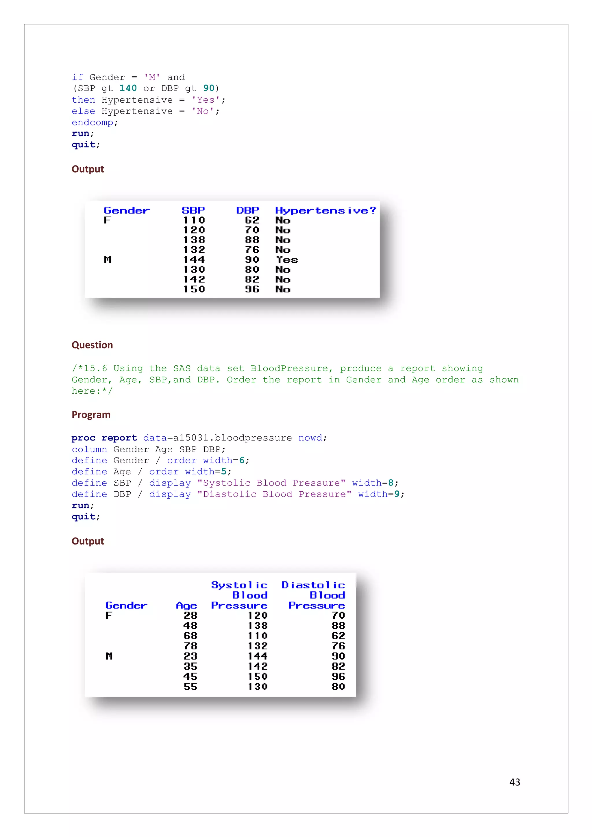 43
if Gender = 'M' and
(SBP gt 140 or DBP gt 90)
then Hypertensive = 'Yes';
else Hypertensive = 'No';
endcomp;
run;
quit;
Output
Question
/*15.6 Using the SAS data set BloodPressure, produce a report showing
Gender, Age, SBP,and DBP. Order the report in Gender and Age order as shown
here:*/
Program
proc report data=a15031.bloodpressure nowd;
column Gender Age SBP DBP;
define Gender / order width=6;
define Age / order width=5;
define SBP / display "Systolic Blood Pressure" width=8;
define DBP / display "Diastolic Blood Pressure" width=9;
run;
quit;
Output
 