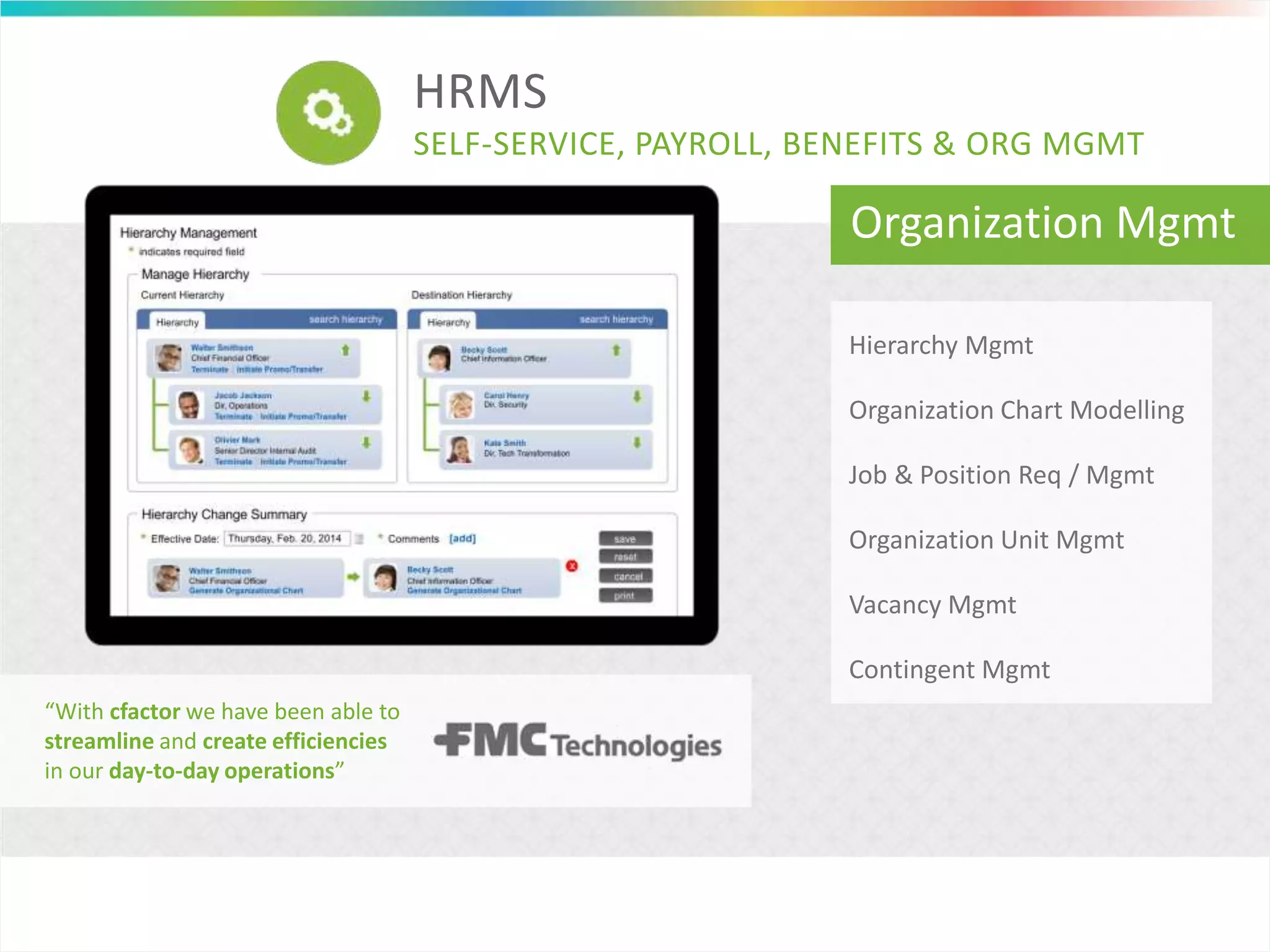 HRMS
SELF-SERVICE, PAYROLL, BENEFITS & ORG MGMT
Organization Mgmt
“With cfactor we have been able to
streamline and create efficiencies
in our day-to-day operations”
Hierarchy Mgmt
Organization Chart Modelling
Job & Position Req / Mgmt
Organization Unit Mgmt
Contingent Mgmt
Vacancy Mgmt
 