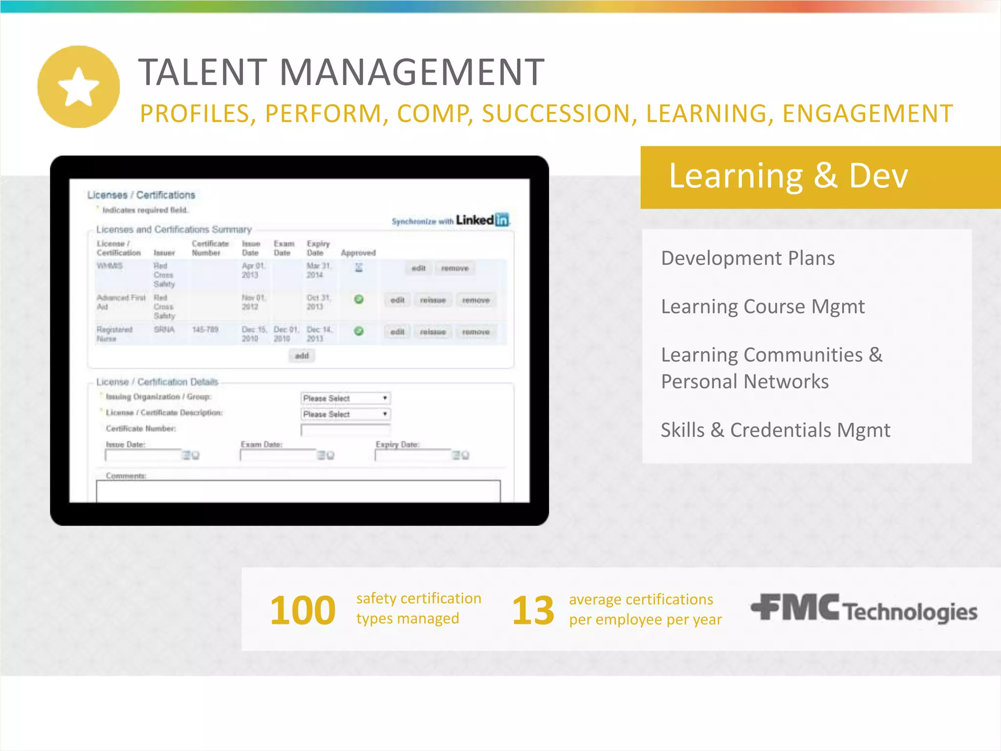 TALENT MANAGEMENT
PROFILES, PERFORM, COMP, SUCCESSION, LEARNING, ENGAGEMENT
Learning & Dev
Development Plans
Skills & Credentials Mgmt
Learning Course Mgmt
Learning Communities &
Personal Networks
100 safety certification
types managed 13 average certifications
per employee per year
 