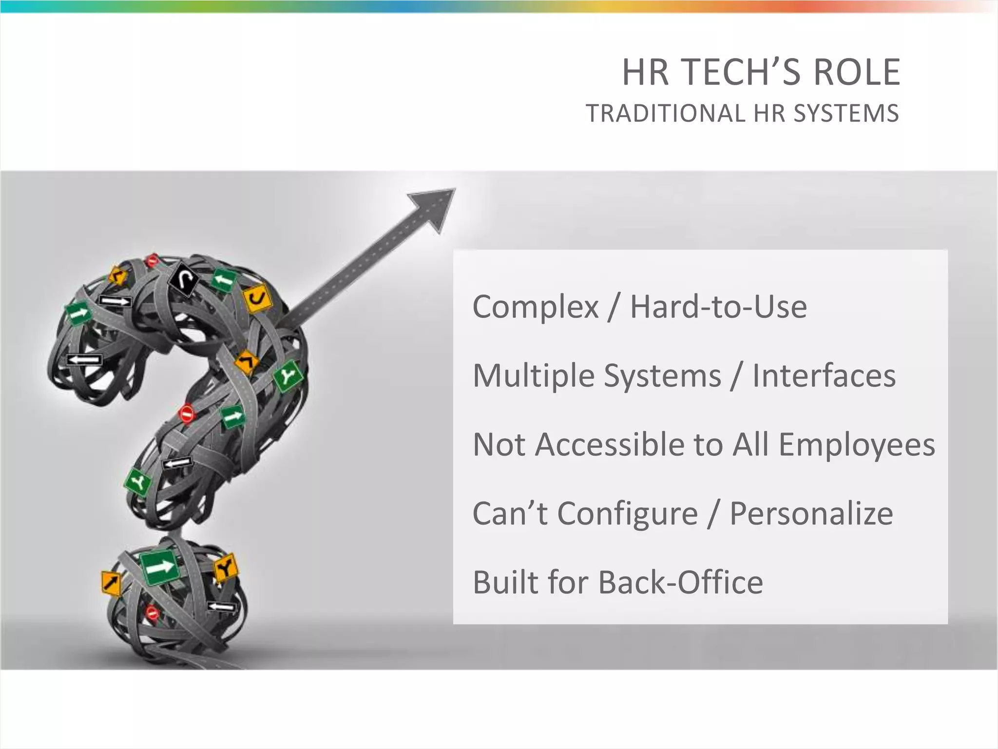 TRADITIONAL HR SYSTEMS
“To win customers –
and a bigger share of
the marketplace –
companies must first
win the hearts and
minds of their
employees.”1
Complex / Hard-to-Use
Multiple Systems / Interfaces
Not Accessible to All Employees
Can’t Configure / Personalize
Built for Back-Office
HR TECH’S ROLE
 