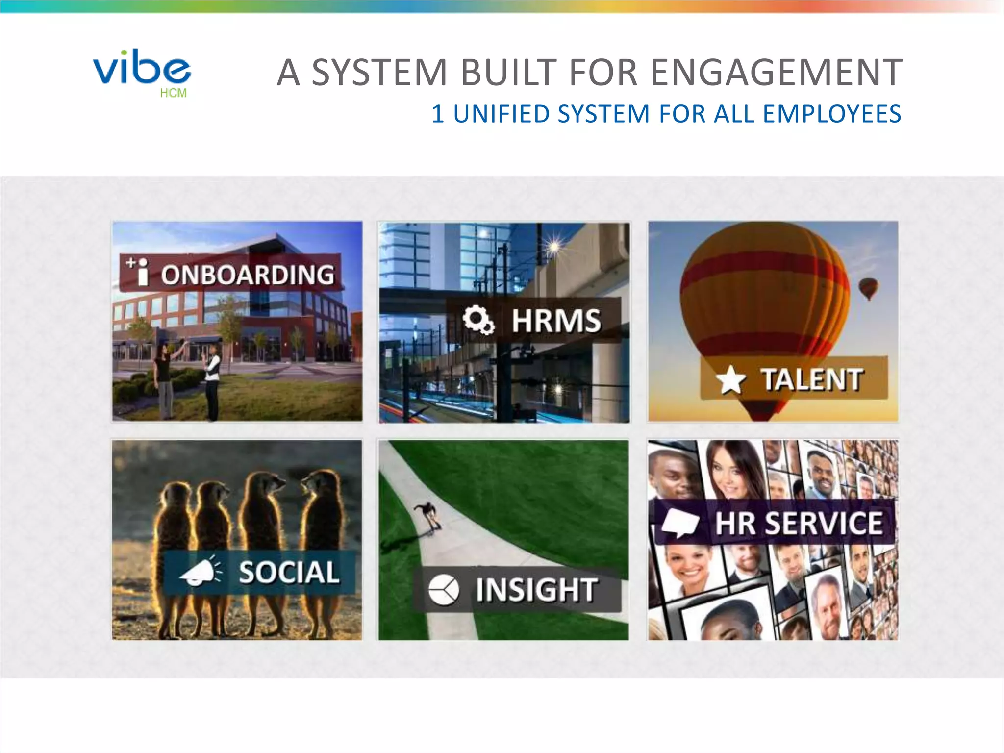 A SYSTEM BUILT FOR ENGAGEMENT
1 UNIFIED SYSTEM FOR ALL EMPLOYEES
Knowledge-Base
AskHR
Role-based Hubs
Next Gen Self-Service
Self-Service
Payroll
Benefits
Organization Mgmt
Metrics & Dashboards
Talent Visualizations
Talent Mining
Trending & Explorers
Content Mgmt
Social Media
Work Communities
Personal Profiles
Real-Time Consult
Talent Profiles
Perform & Comp
Succession
Learning & Dev
Engagement Reporting
Talent Acquisition
Preboarding
Virtual Day 1
1st Year Onboarding
 