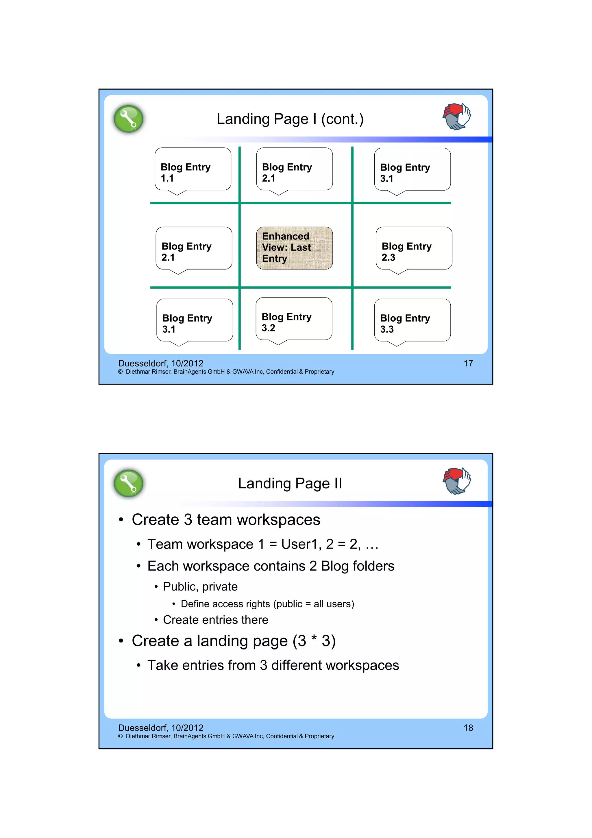 14.10.2012




                                  Landing Page I (cont.)


              Blog Entry                         Blog Entry                   Blog Entry
              1.1                                2.1                          3.1




                                                 Enhanced
               Blog Entry                        View: Last                   Blog Entry
               2.1                               Entry                        2.3




               Blog Entry                        Blog Entry                   Blog Entry
               3.1                               3.2                          3.3


Duesseldorf, 10/2012                                                                       17
© Diethmar Rimser, BrainAgents GmbH & GWAVA Inc, Confidential & Proprietary




                                         Landing Page II

• Create 3 team workspaces
      • Team workspace 1 = User1, 2 = 2, …
      • Each workspace contains 2 Blog folders
            • Public, private
                  • Define access rights (public = all users)
            • Create entries there
• Create a landing page (3 * 3)
      • Take entries from 3 different workspaces



Duesseldorf, 10/2012                                                                       18
© Diethmar Rimser, BrainAgents GmbH & GWAVA Inc, Confidential & Proprietary




                                                                                                        9
 