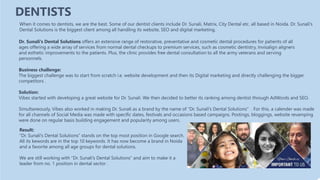 DENTISTS
Business challenge:
The biggest challenge was to start from scratch i.e. website development and then its Digital marketing and directly challenging the bigger
competitors .
Solution:
Vibes started with developing a great website for Dr. Sunali. We then decided to better its ranking among dentist through AdWords and SEO.
Simultaneously, Vibes also worked in making Dr. Sunali as a brand by the name of “Dr. Sunali's Dental Solutions” . For this, a calender was made
for all channels of Social Media was made with specific dates, festivals and occasions based campaigns. Postings, bloggings, website revamping
were done on regular basis building engagement and popularity among users.
When it comes to dentists, we are the best. Some of our dentist clients include Dr. Sunali, Matrix, City Dental etc. all based in Noida. Dr. Sunali's
Dental Solutions is the biggest client among all handling its website, SEO and digital marketing.
Dr. Sunali's Dental Solutions offers an extensive range of restorative, preventative and cosmetic dental procedures for patients of all
ages offering a wide array of services from normal dental checkups to premium services, such as cosmetic dentistry, Invisalign aligners
and esthetic improvements to the patients. Plus, the clinic provides free dental consultation to all the army veterans and serving
personnels.
Result:
“Dr. Sunali's Dental Solutions” stands on the top most position in Google search.
All its kewords are in the top 10 keywords. It has now become a brand in Noida
and a favorite among all age groups for dental solutions.
We are still working with “Dr. Sunali's Dental Solutions” and aim to make it a
leader from no. 1 position in dental sector .
 