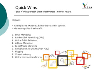 Quick Wins
‘pick ‘n’ mix approach | test effectiveness |monitor results
Helps in :
• Raising brand awareness & improve customer services
• Generating sales & web traffic
1. Email Marketing
2. Pay-Per-Click Advertising (PPC)
3. Online Public Relations
4. Affiliate Marketing
5. Social Media Marketing
6. Conversion Rate Optimization (CRO)
7. Blogging
8. Video marketing
9. Online communities/forums
 