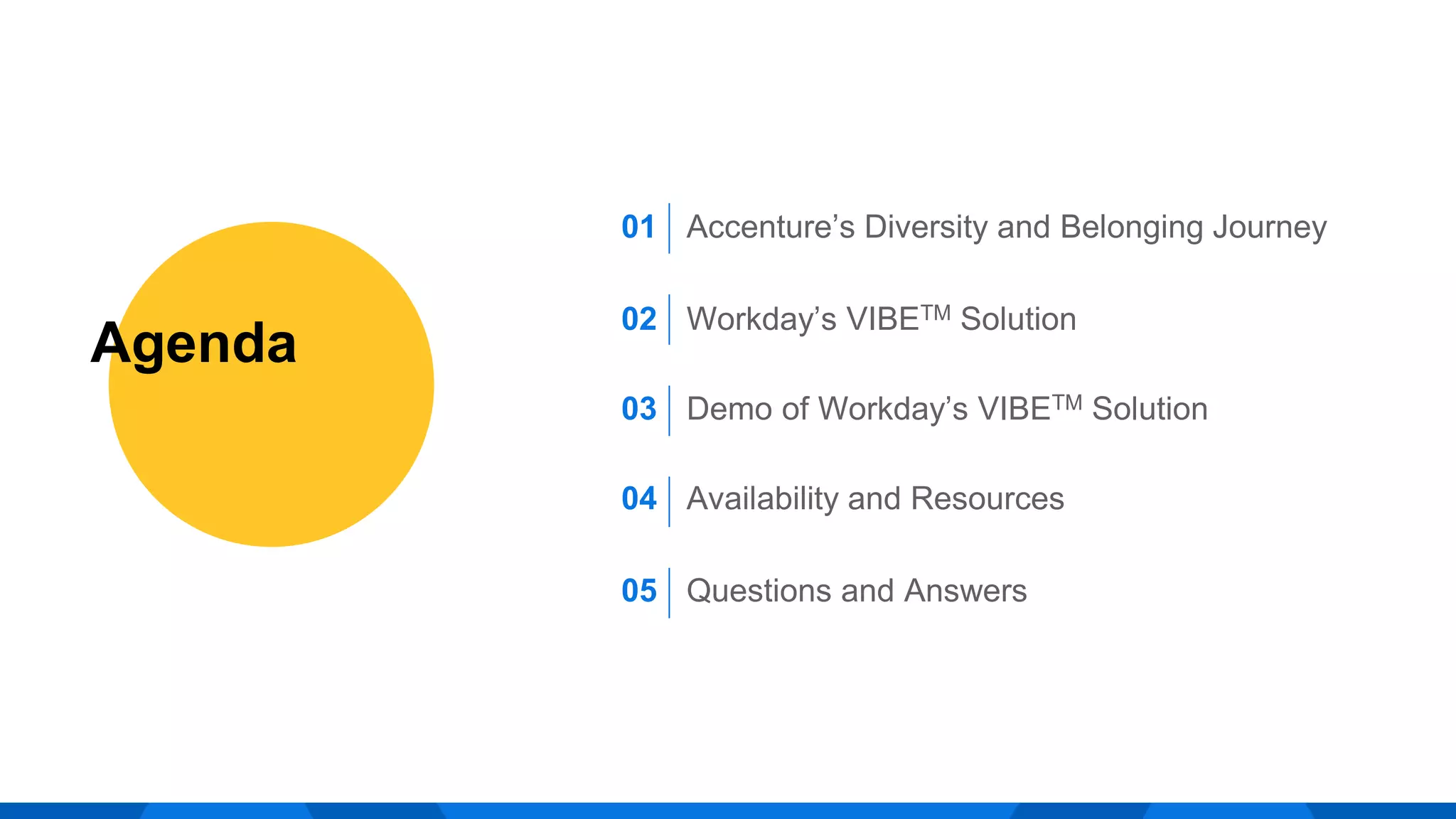 Agenda
01 Accenture’s Diversity and Belonging Journey
02 Workday’s VIBETM Solution
03 Demo of Workday’s VIBETM Solution
04 Availability and Resources
05 Questions and Answers
 