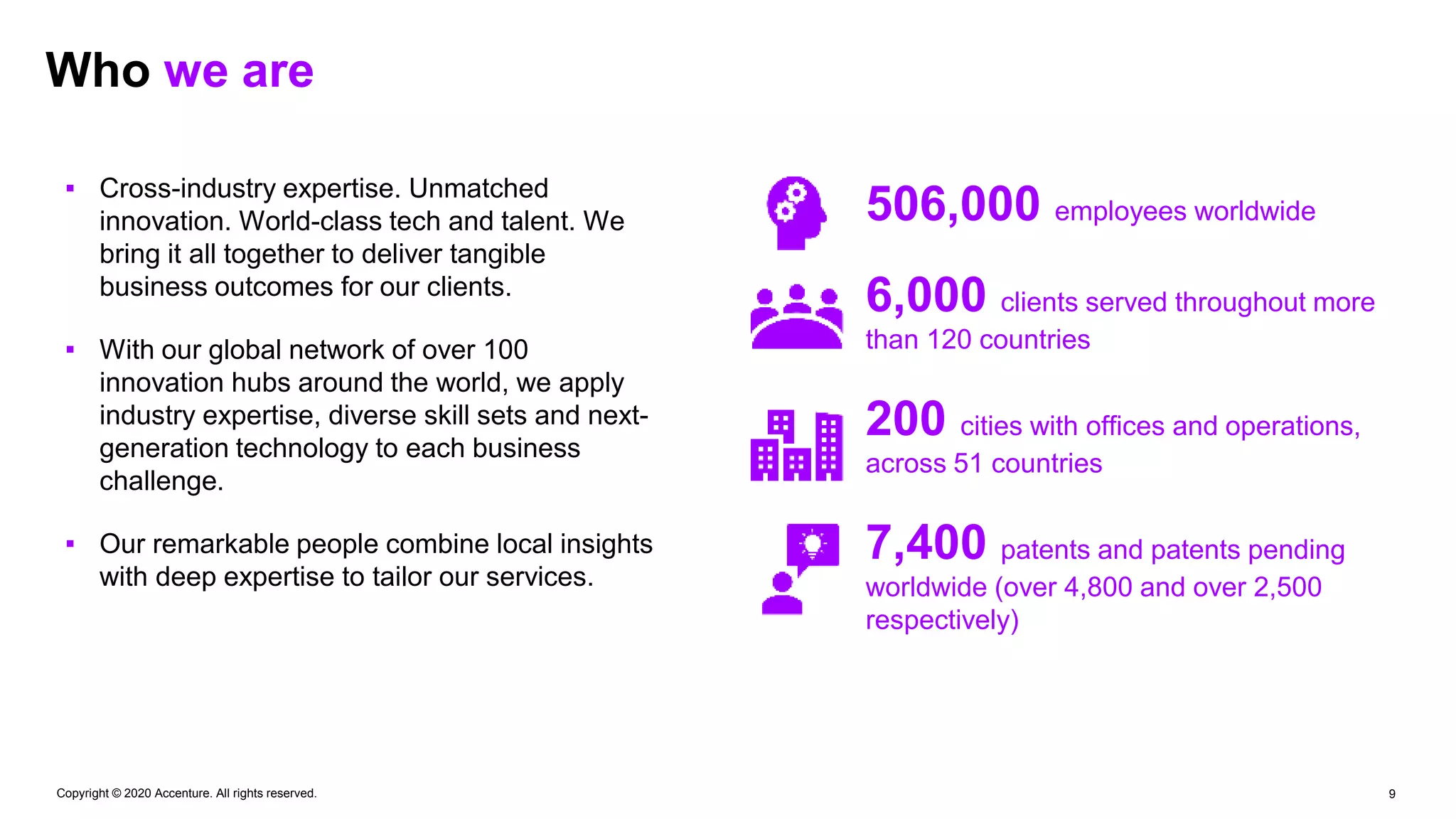 ▪ Cross-industry expertise. Unmatched
innovation. World-class tech and talent. We
bring it all together to deliver tangible
business outcomes for our clients.
▪ With our global network of over 100
innovation hubs around the world, we apply
industry expertise, diverse skill sets and next-
generation technology to each business
challenge.
▪ Our remarkable people combine local insights
with deep expertise to tailor our services.
Copyright © 2020 Accenture. All rights reserved. 9
506,000 employees worldwide
6,000 clients served throughout more
than 120 countries
200 cities with offices and operations,
across 51 countries
7,400 patents and patents pending
worldwide (over 4,800 and over 2,500
respectively)
Who we are
 