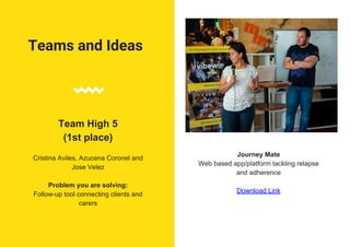 Teams and Ideas
Team High 5
(1st place)
Cristina Aviles, Azucena Coronel and
Jose Velez
Problem you are solving:
Follow-up tool connecting clients and
carers
Journey Mate
Web based app/platform tackling relapse
and adherence
Download Link
 